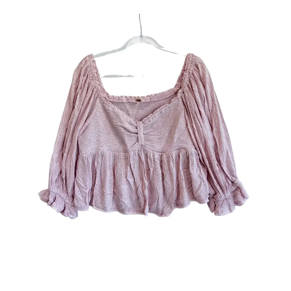 Free People Pink Smocked Peasant Top XL Puff Sleeve Crop Boho Cottagecore